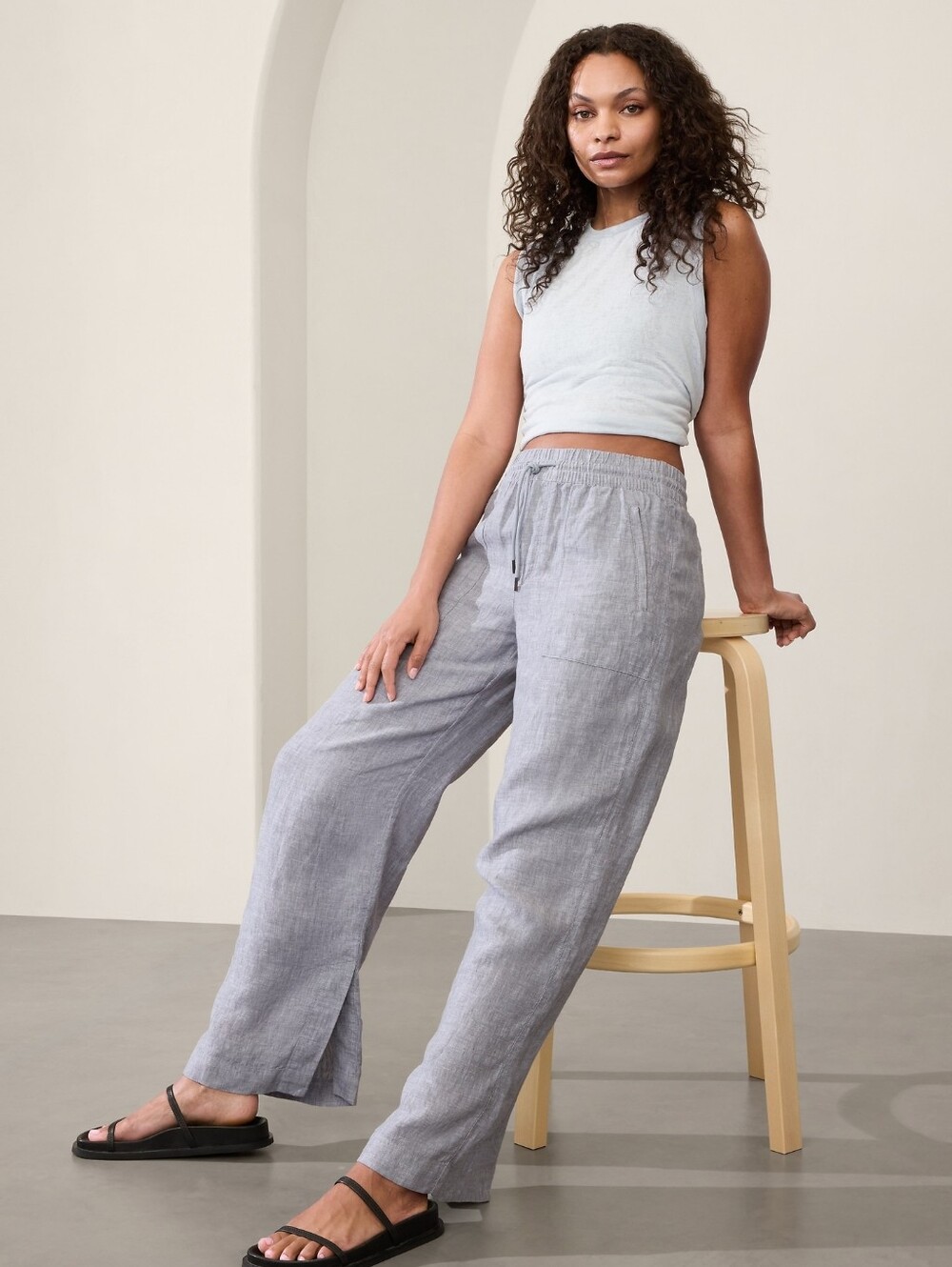 Athleta Retreat Linen Wide Leg Pant Chambray Blue 4